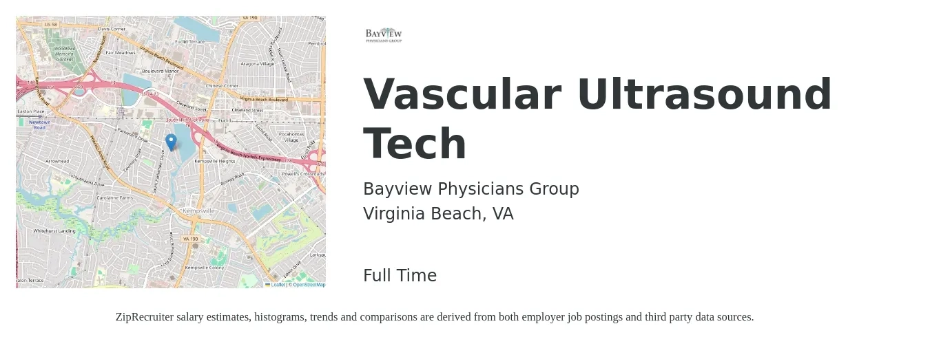 Bayview Physicians Group job posting for a Vascular Ultrasound Tech in Virginia Beach, VA with a salary of $31 to $38 Hourly with a map of Virginia Beach location.