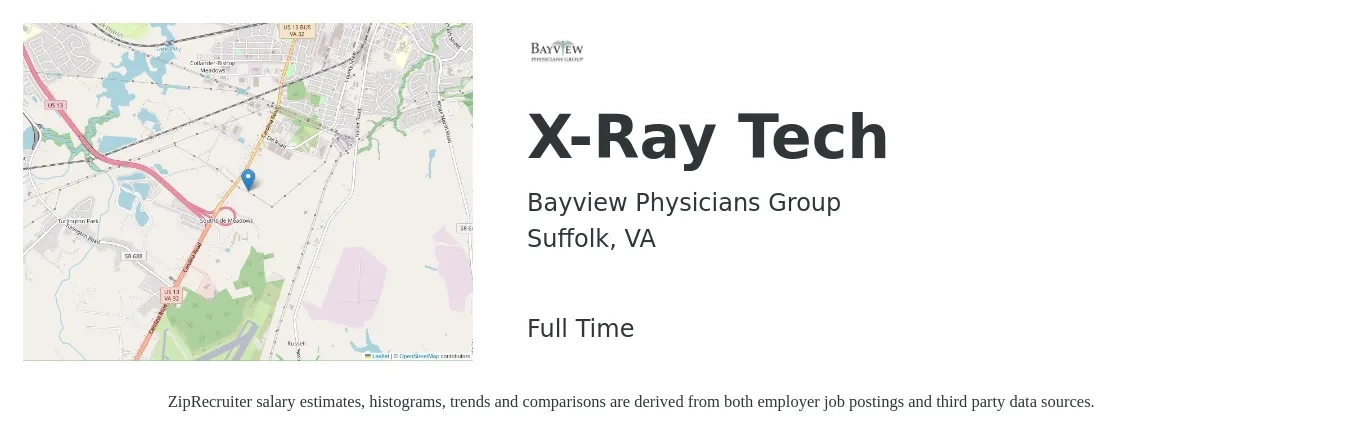 Bayview Physicians Group job posting for a X-Ray Tech in Suffolk, VA with a salary of $30 to $34 Hourly with a map of Suffolk location.