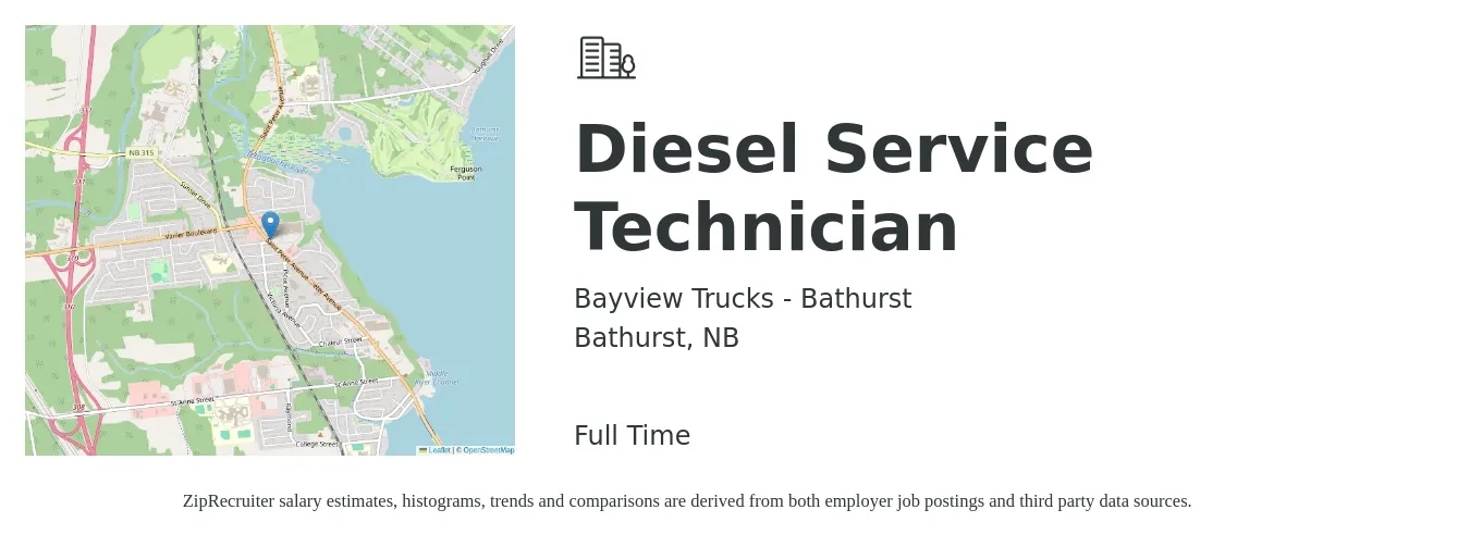 Bayview Trucks - Bathurst job posting for a Diesel Service Technician in Bathurst, NB with a map of Bathurst location.