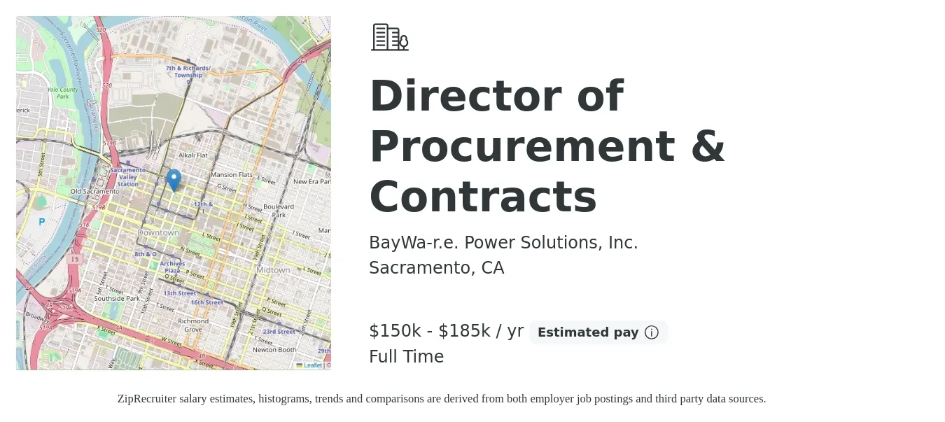 BayWa-r.e. Power Solutions, Inc. job posting for a Director of Procurement & Contracts in Sacramento, CA with a salary of $150,000 to $185,000 Yearly with a map of Sacramento location.