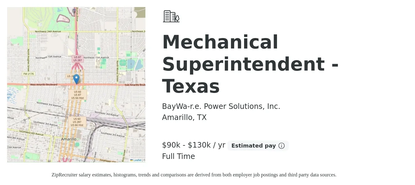 BayWa-r.e. Power Solutions, Inc. job posting for a Mechanical Superintendent - Texas in Amarillo, TX with a salary of $90,000 to $130,000 Yearly with a map of Amarillo location.