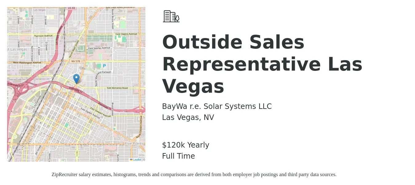 BayWa r.e. Solar Systems LLC job posting for a Outside Sales Representative Las Vegas in Las Vegas, NV with a salary of $120,000 Yearly with a map of Las Vegas location.