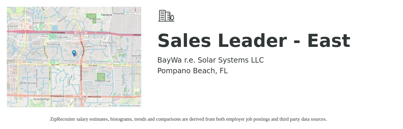 BayWa r.e. Solar Systems LLC job posting for a Sales Leader - East in Pompano Beach, FL with a salary of $150,000 to $175,000 Yearly with a map of Pompano Beach location.
