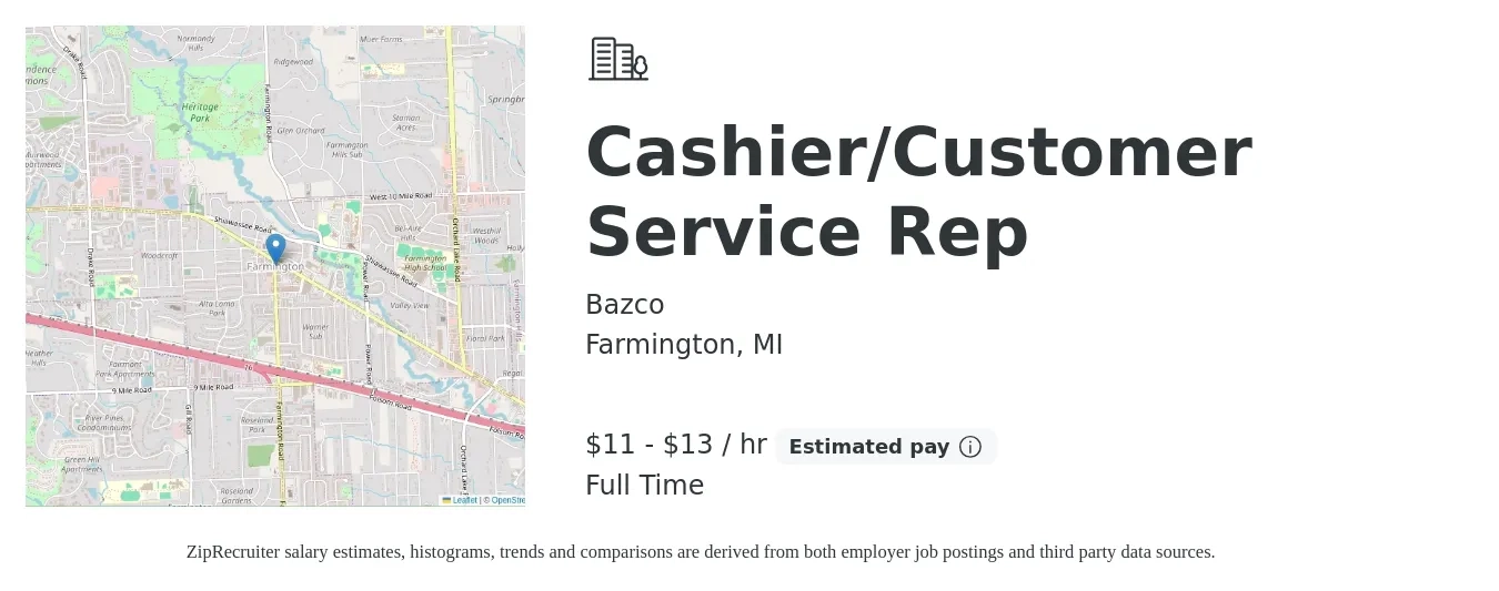 Bazco job posting for a Cashier/Customer Service Rep in Farmington, MI with a salary of $12 to $14 Hourly with a map of Farmington location.