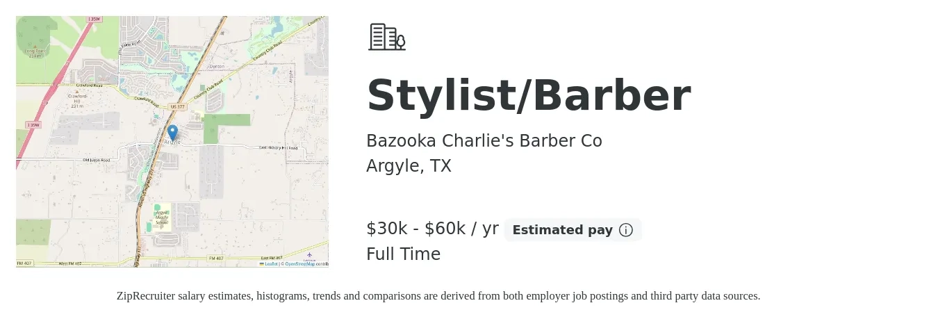 Bazooka Charlie's Barber Co job posting for a Stylist/Barber in Argyle, TX with a salary of $30,000 to $60,000 Yearly with a map of Argyle location.