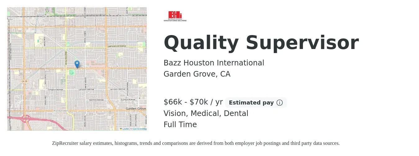 Bazz Houston International job posting for a Quality Supervisor in Garden Grove, CA with a salary of $66,560 to $70,000 Yearly and benefits including medical, pto, retirement, vision, dental, and life_insurance with a map of Garden Grove location.