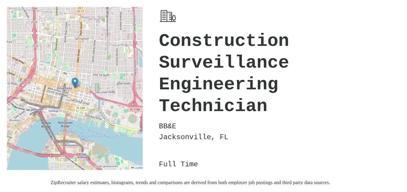 BB&E job posting for a Construction Surveillance Engineering Technician in Jacksonville, FL with a salary of $43,500 to $66,700 Annually and benefits including Medical, Vision, Dental, PTO, Life, and Retirement with a map of Jacksonville location.