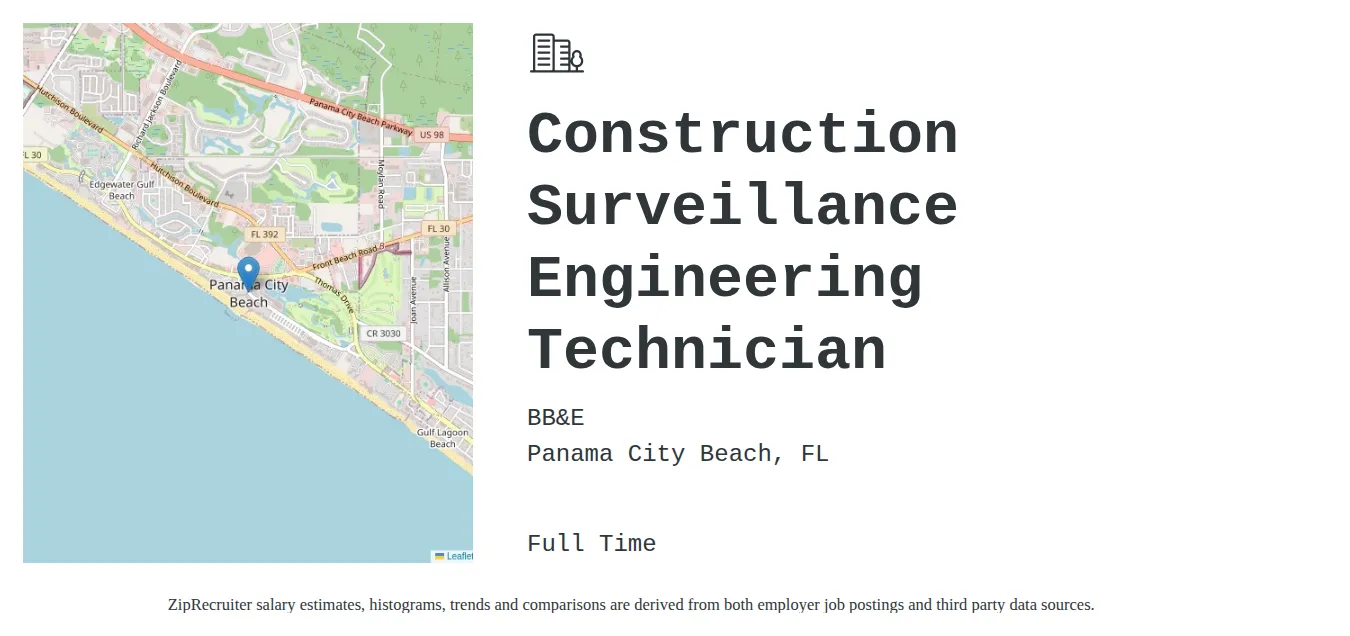 BB&E job posting for a Construction Surveillance Engineering Technician in Panama City Beach, FL with a salary of $41,800 to $64,000 Annually and benefits including Medical, Vision, Dental, PTO, Life, and Retirement with a map of Panama City Beach location.