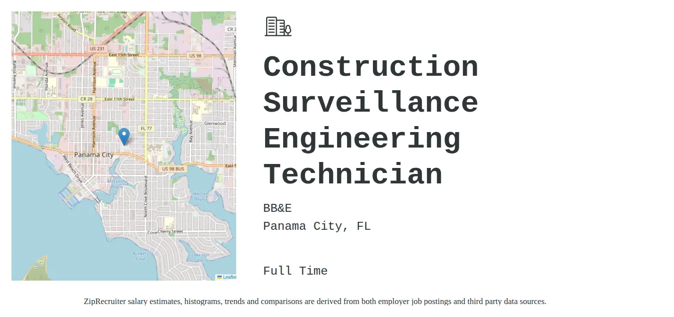 BB&E job posting for a Construction Surveillance Engineering Technician in Panama City, FL with a salary of $41,900 to $64,200 Annually and benefits including Medical, Vision, Dental, PTO, Life, and Retirement with a map of Panama City location.