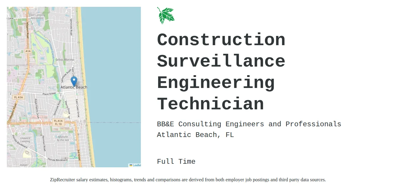 BB&E Consulting Engineers and Professionals job posting for a Construction Surveillance Engineering Technician in Atlantic Beach, FL with a salary of $43,200 to $66,200 Annually with a map of Atlantic Beach location.