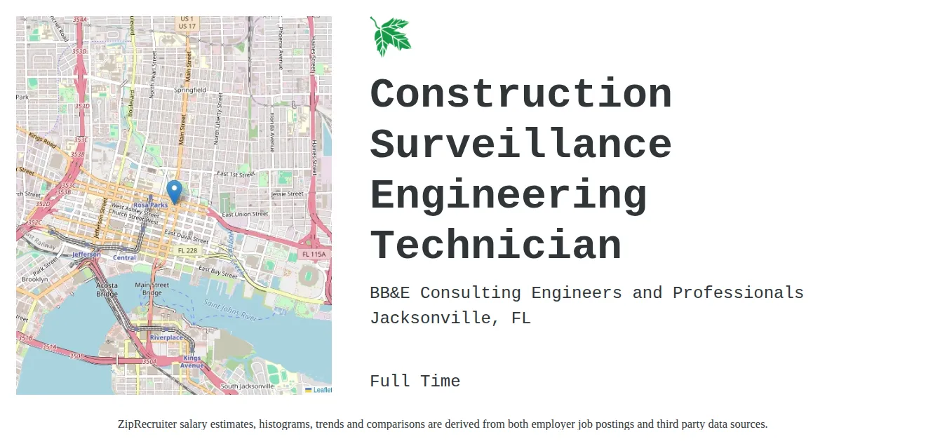 BB&E Consulting Engineers and Professionals job posting for a Construction Surveillance Engineering Technician in Jacksonville, FL with a salary of $43,500 to $66,700 Annually with a map of Jacksonville location.