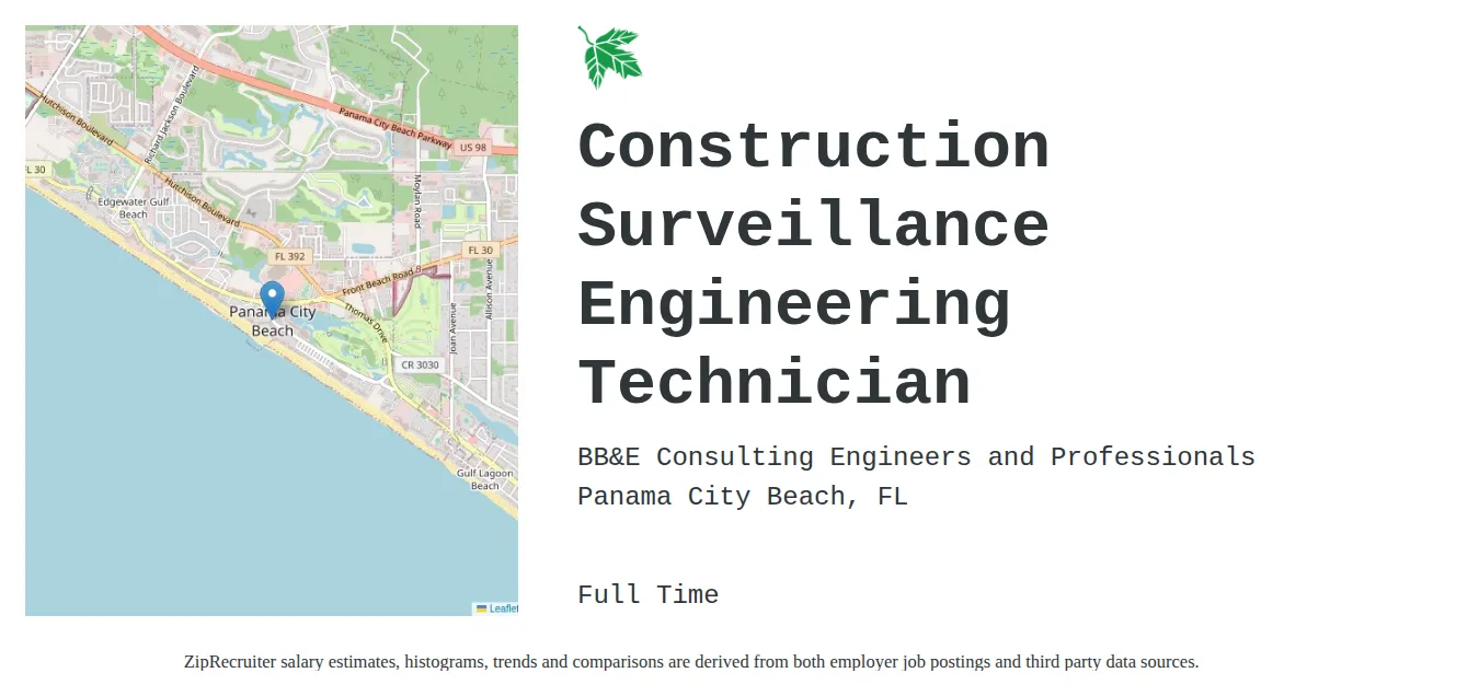 BB&E Consulting Engineers and Professionals job posting for a Construction Surveillance Engineering Technician in Panama City Beach, FL with a salary of $41,800 to $64,000 Annually with a map of Panama City Beach location.