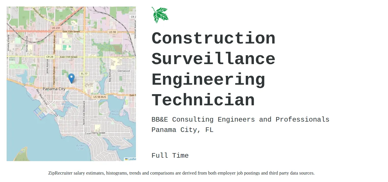 BB&E Consulting Engineers and Professionals job posting for a Construction Surveillance Engineering Technician in Panama City, FL with a salary of $41,900 to $64,200 Annually with a map of Panama City location.
