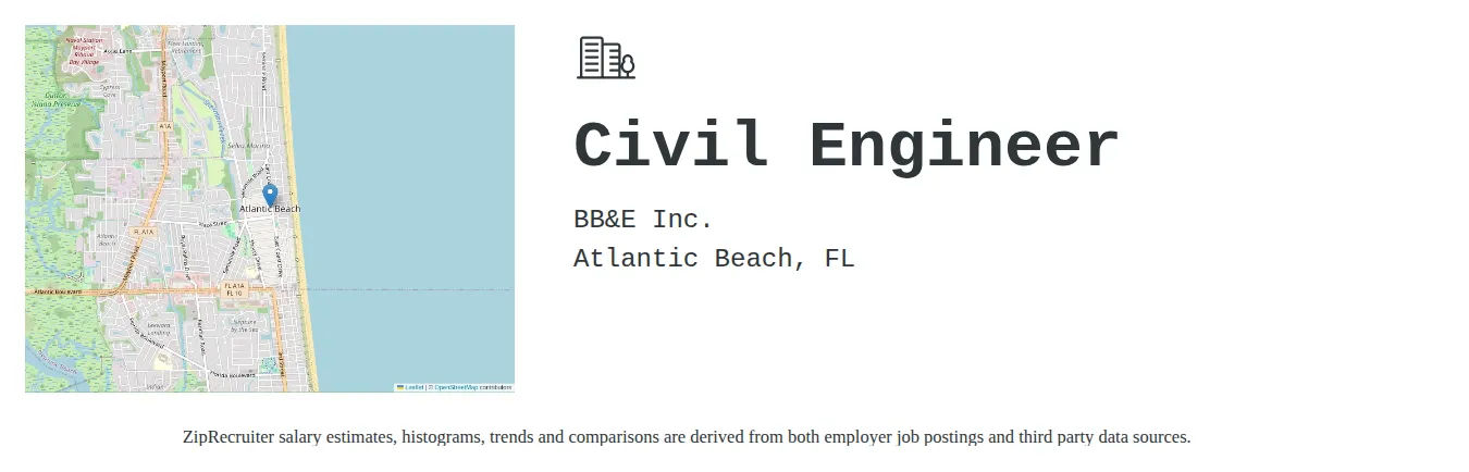 BB&E Inc. job posting for a Civil Engineer in Atlantic Beach, FL with a salary of $62,100 to $90,600 Annually and benefits including Medical, Vision, Dental, PTO, Life, and Retirement with a map of Atlantic Beach location.
