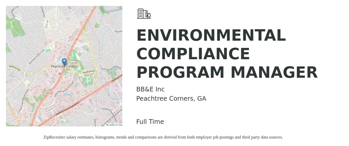 BB&E Inc job posting for a ENVIRONMENTAL COMPLIANCE PROGRAM MANAGER in Peachtree Corners, GA with a salary of $68,100 to $106,900 Yearly with a map of Peachtree Corners location.