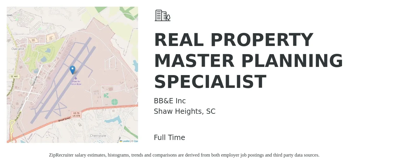 BB&E Inc job posting for a REAL PROPERTY MASTER PLANNING SPECIALIST in Shaw Heights, SC with a salary of $51,300 to $83,100 Yearly with a map of Shaw Heights location.