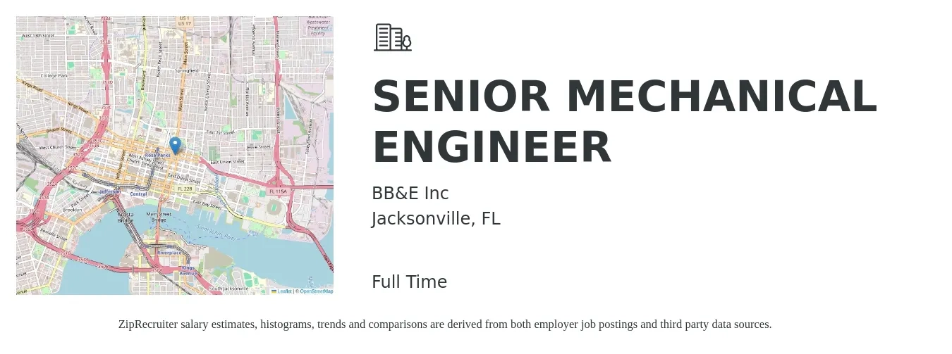 BB&E Inc job posting for a SENIOR MECHANICAL ENGINEER in Jacksonville, FL with a salary of $101,600 to $134,200 Yearly with a map of Jacksonville location.