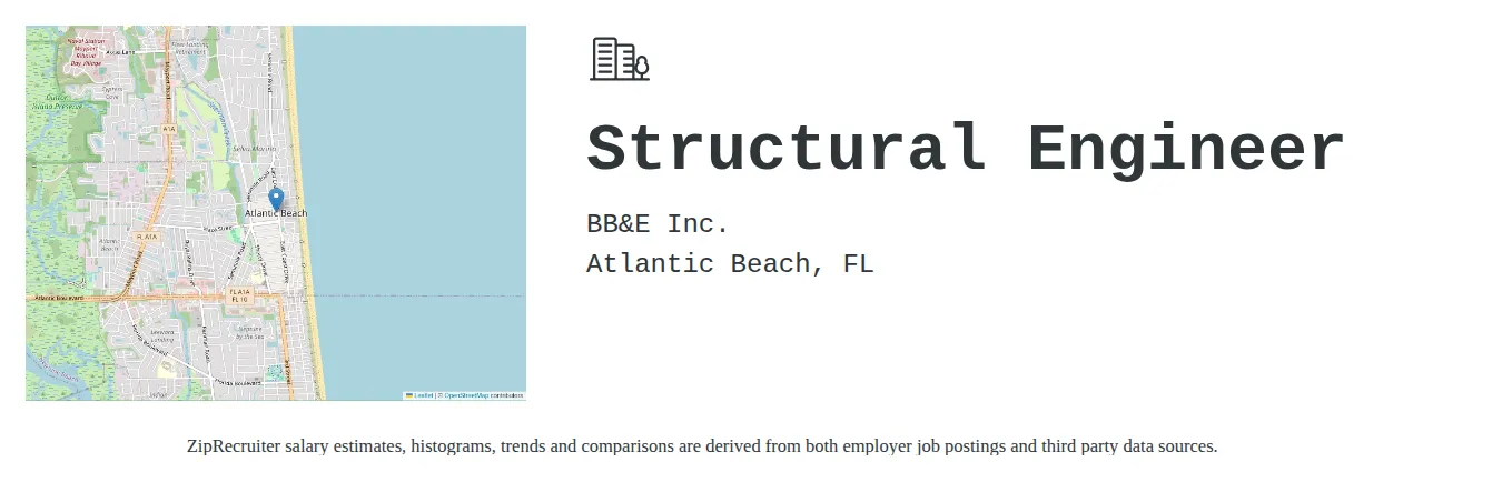 BB&E Inc. job posting for a Structural Engineer in Jacksonville, FL with a salary of $73,600 to $104,000 Annually and benefits including Medical, Vision, Dental, PTO, Life, and Retirement with a map of Jacksonville location.