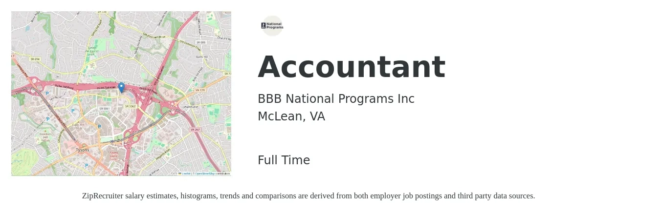 BBB National Programs Inc job posting for a Accountant in McLean, VA with a salary of $54,100 to $79,400 Yearly with a map of McLean location.