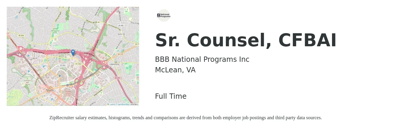 BBB National Programs Inc job posting for a Sr. Counsel, CFBAI in McLean, VA with a salary of $141,000 to $191,600 Yearly with a map of McLean location.