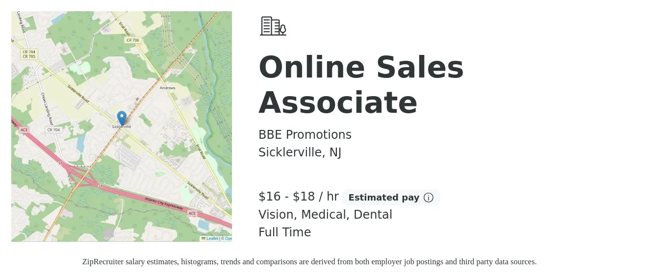 BBE Promotions job posting for a Online Sales Associate in Sicklerville, NJ with a salary of $17 to $19 Hourly and benefits including vision, dental, medical, and pto with a map of Sicklerville location.