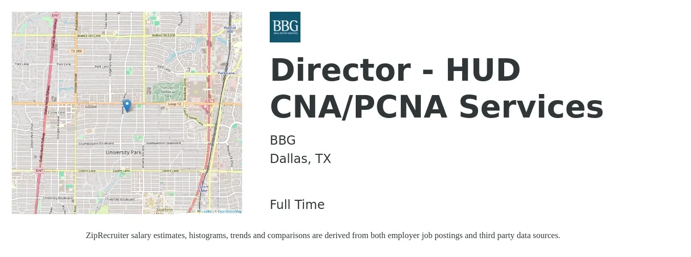 BBG job posting for a Director - HUD CNA/PCNA Services in Dallas, TX with a salary of $14 to $19 Hourly with a map of Dallas location.