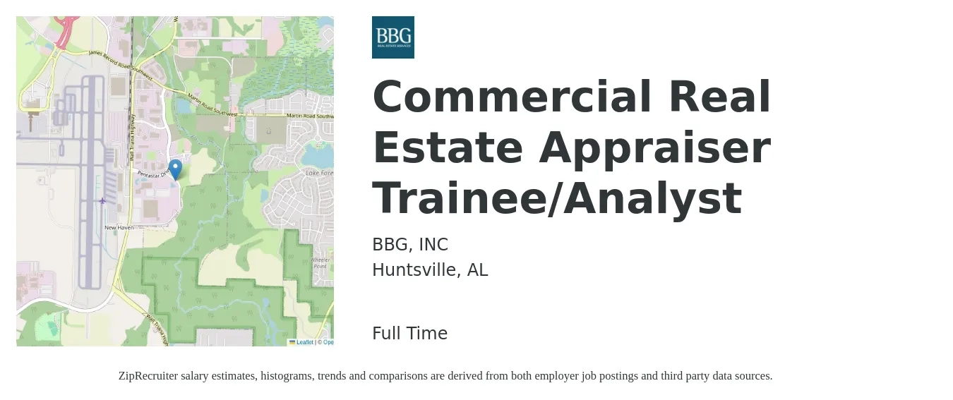 BBG job posting for a Commercial Real Estate Appraiser Trainee/Analyst in Huntsville, AL with a salary of $54,000 to $85,300 Yearly with a map of Huntsville location.