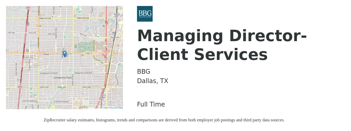 BBG job posting for a Managing Director- Client Services in Dallas, TX with a salary of $60,800 to $102,400 Yearly with a map of Dallas location.