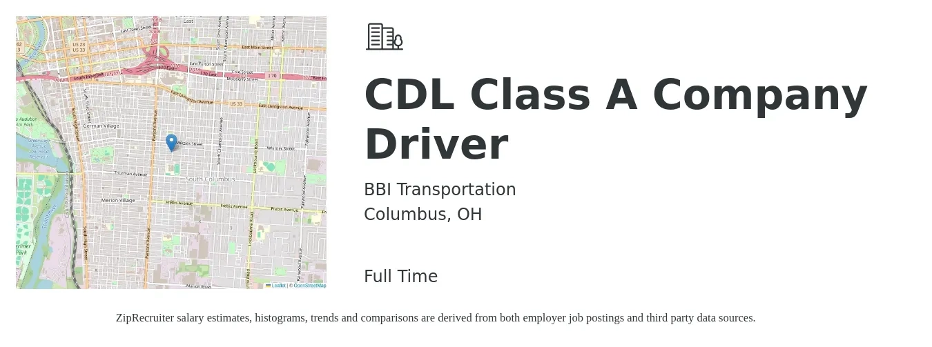 BBI Transportation job posting for a CDL Class A Company Driver in Columbus, OH with a salary of $24 to $42 Hourly with a map of Columbus location.