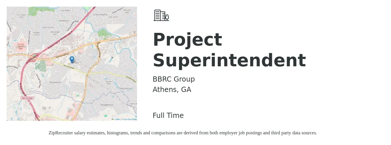 BBRC Group job posting for a Project Superintendent in Athens, GA with a salary of $78,200 to $118,300 Yearly with a map of Athens location.