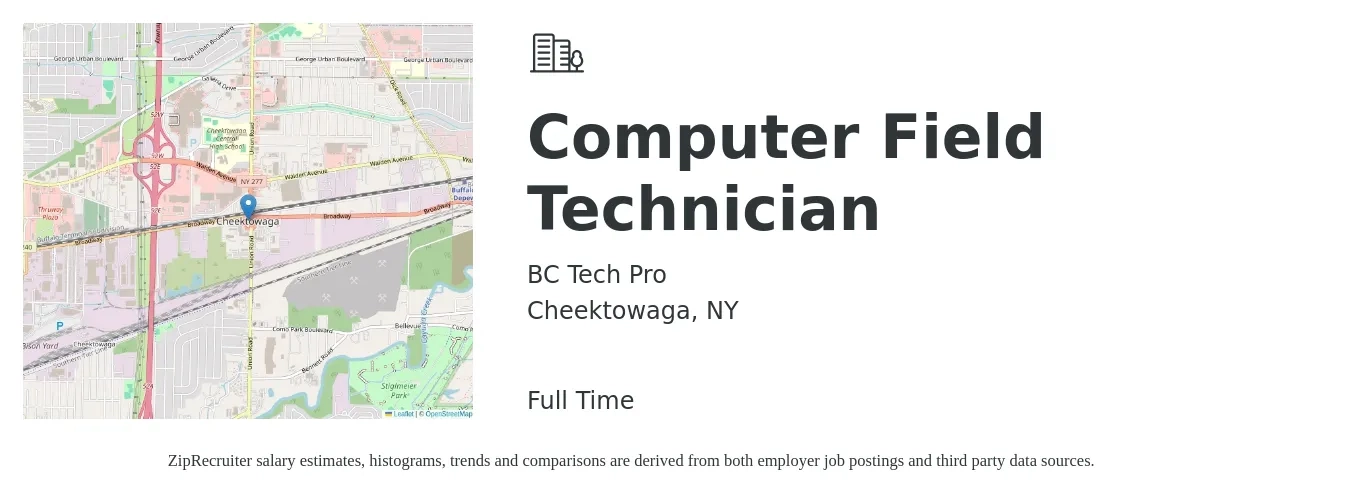 BC Tech Pro job posting for a Computer Field Technician in Cheektowaga, NY with a salary of $35 Hourly with a map of Cheektowaga location.