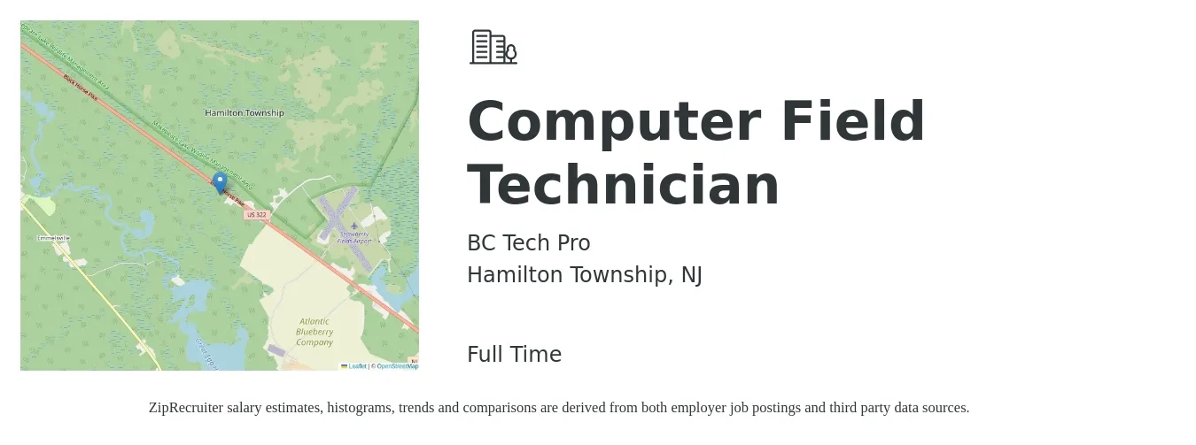 BC Tech Pro job posting for a Computer Field Technician in Hamilton Township, NJ with a salary of $35 Hourly with a map of Hamilton Township location.
