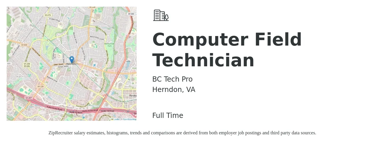 BC Tech Pro job posting for a Computer Field Technician in Herndon, VA with a salary of $35 Hourly with a map of Herndon location.