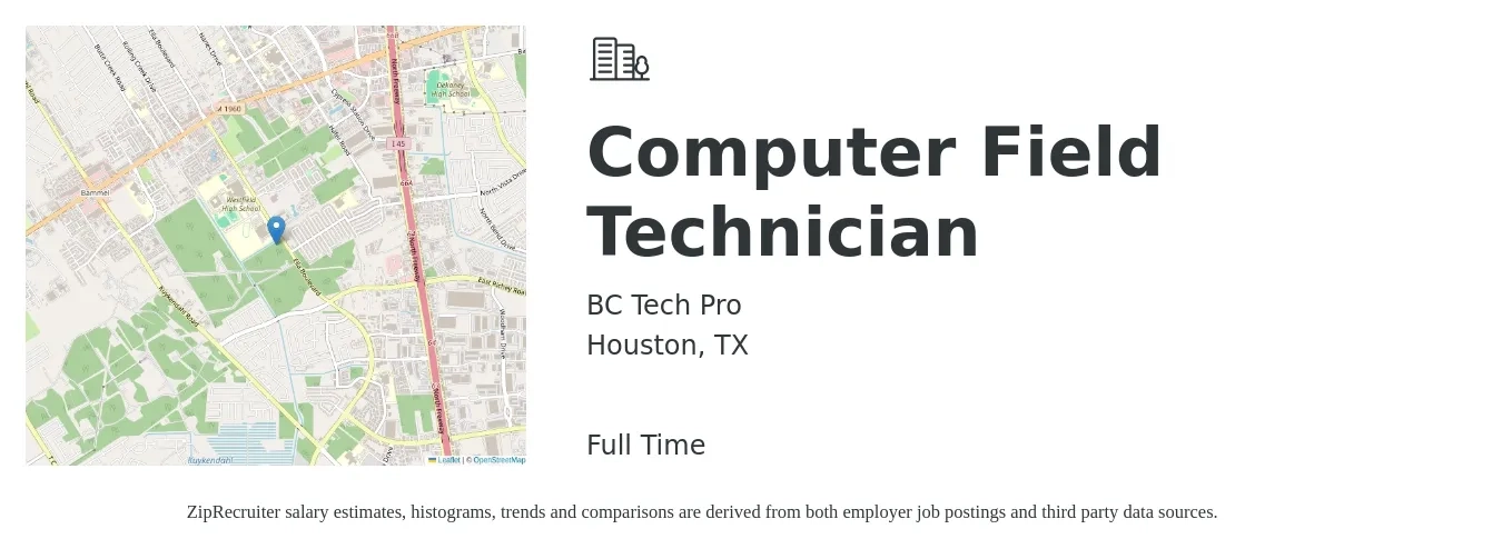 BC Tech Pro job posting for a Computer Field Technician in Houston, TX with a salary of $35 Hourly with a map of Houston location.