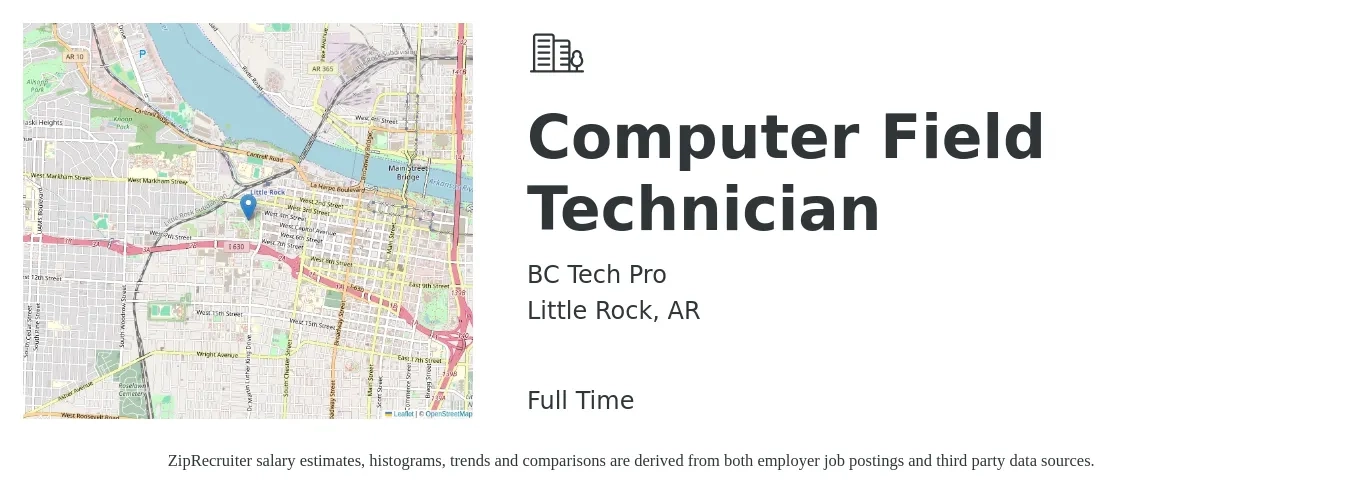 BC Tech Pro job posting for a Computer Field Technician in Little Rock, AR with a salary of $35 Hourly with a map of Little Rock location.