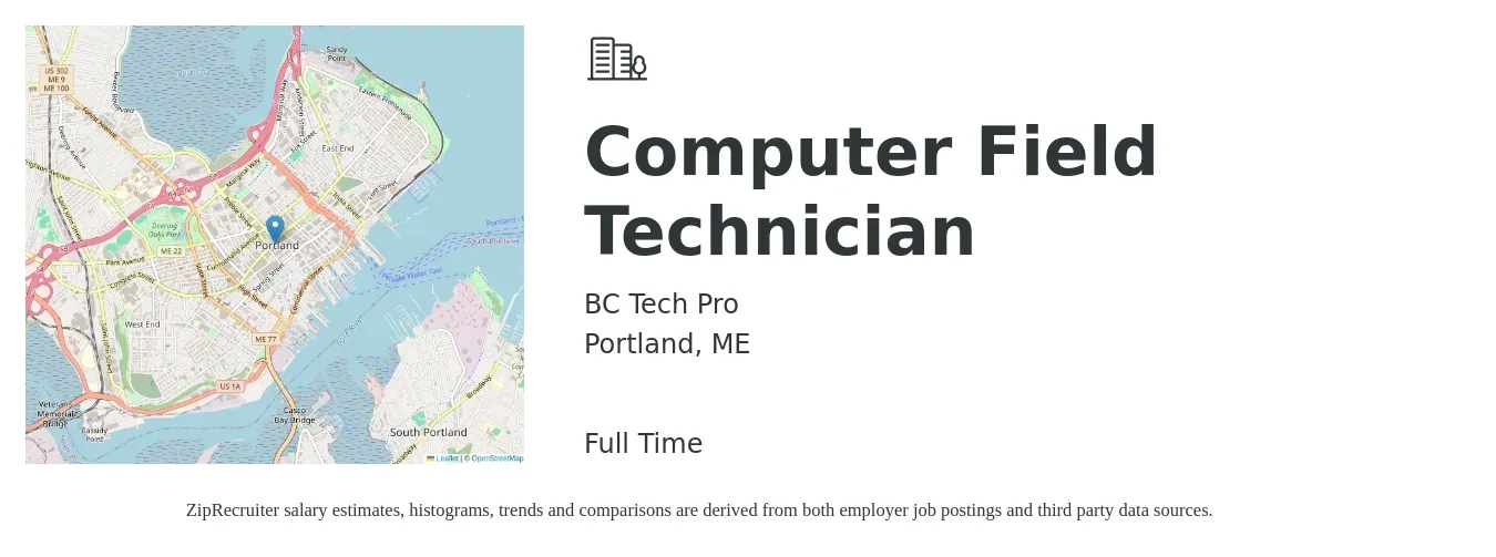 BC Tech Pro job posting for a Computer Field Technician in Portland, ME with a salary of $35 Hourly with a map of Portland location.
