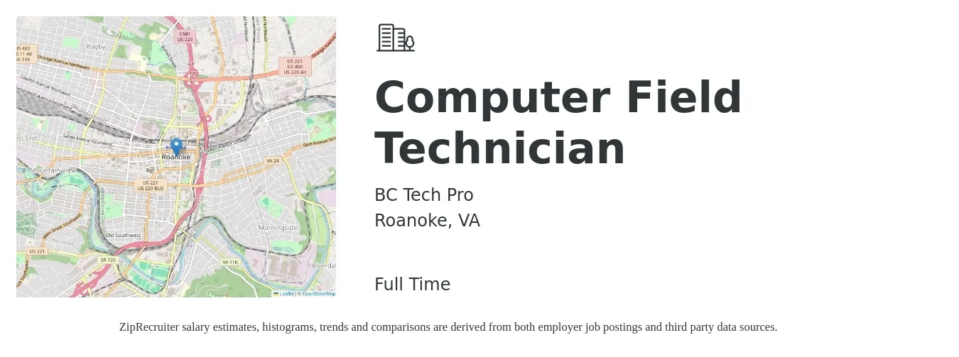 BC Tech Pro job posting for a Computer Field Technician in Roanoke, VA with a salary of $35 Hourly with a map of Roanoke location.