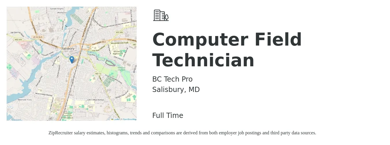 BC Tech Pro job posting for a Computer Field Technician in Salisbury, MD with a salary of $35 Hourly with a map of Salisbury location.