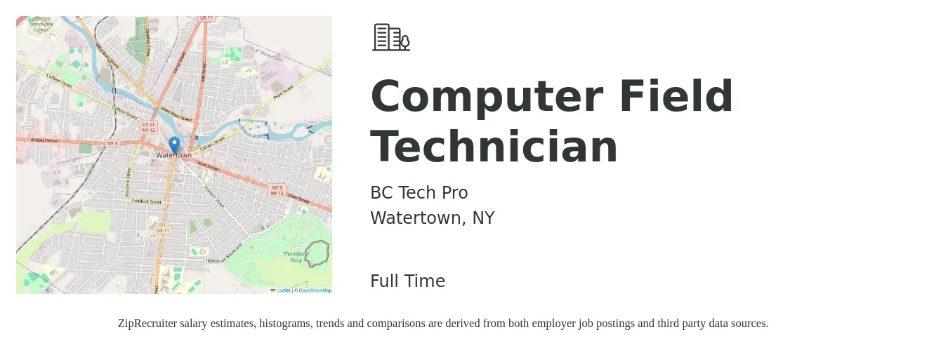 BC Tech Pro job posting for a Computer Field Technician in Watertown, NY with a salary of $35 Hourly with a map of Watertown location.