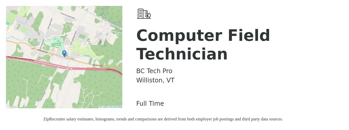 BC Tech Pro job posting for a Computer Field Technician in Williston, VT with a salary of $35 Hourly with a map of Williston location.