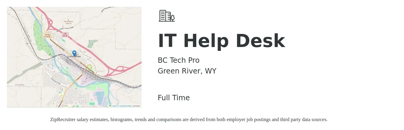 BC Tech Pro job posting for a IT Help Desk in Green River, WY with a salary of $20 Hourly with a map of Green River location.