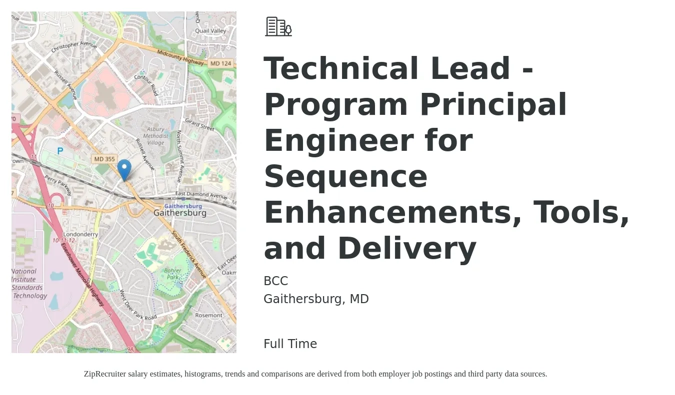 BCC job posting for a Technical Lead - Program Principal Engineer for Sequence Enhancements, Tools, and Delivery in Gaithersburg, MD with a map of Gaithersburg location.