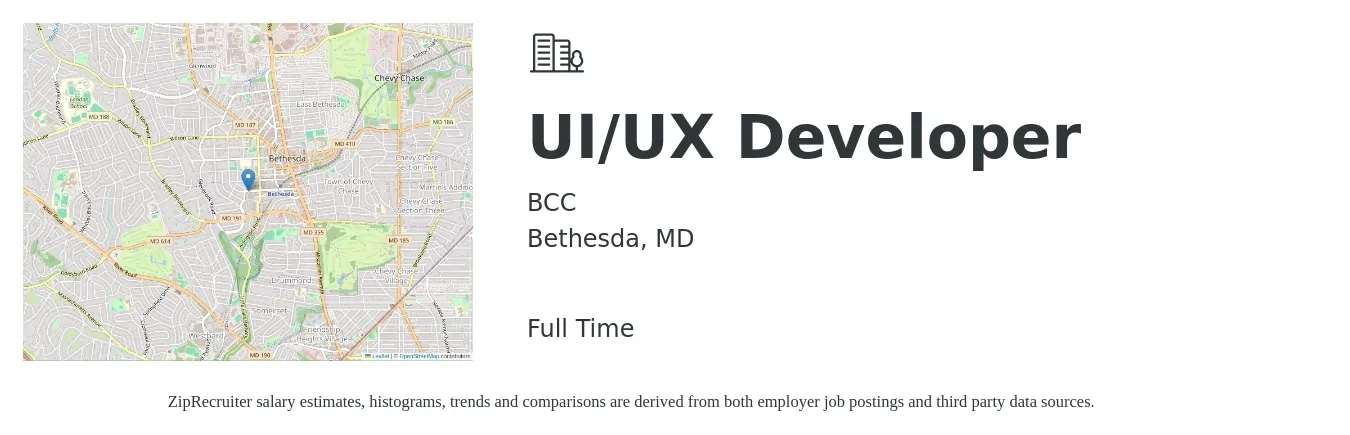 BCC job posting for a UI/UX Developer in Bethesda, MD with a salary of $91,000 to $137,500 Yearly with a map of Bethesda location.