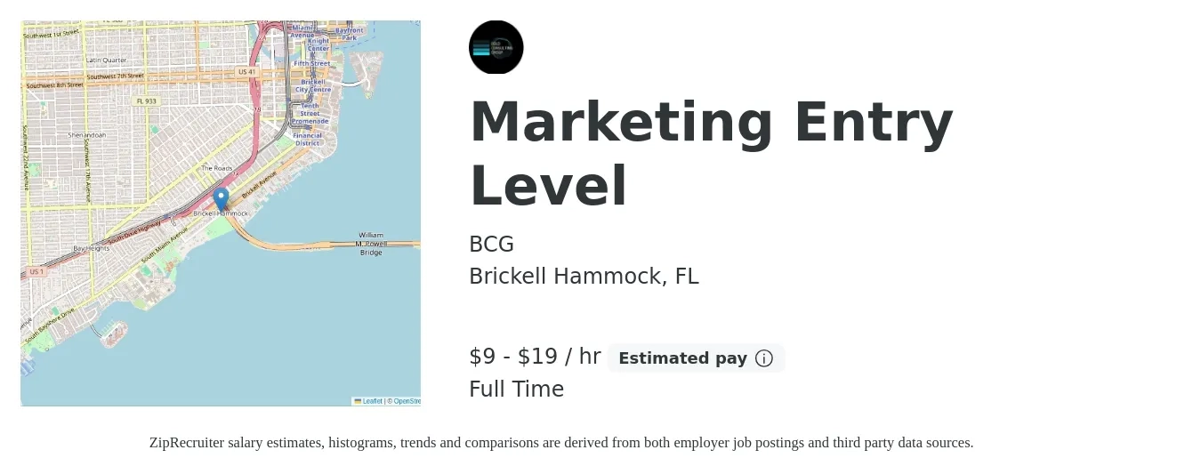 BCG job posting for a Marketing Entry Level in Brickell Hammock, FL with a salary of $10 to $20 Hourly with a map of Brickell Hammock location.