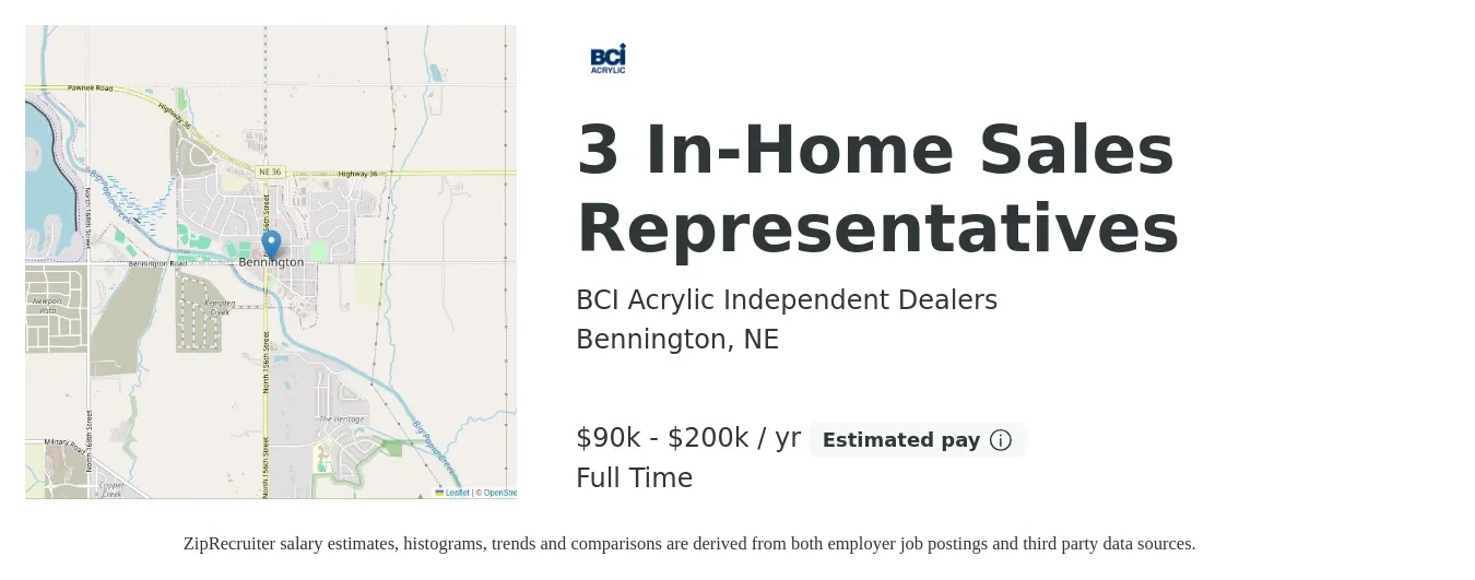 BCI Acrylic Independent Dealers job posting for a 3 In-Home Sales Representatives in Bennington, NE with a salary of $90,000 to $200,000 Yearly with a map of Bennington location.