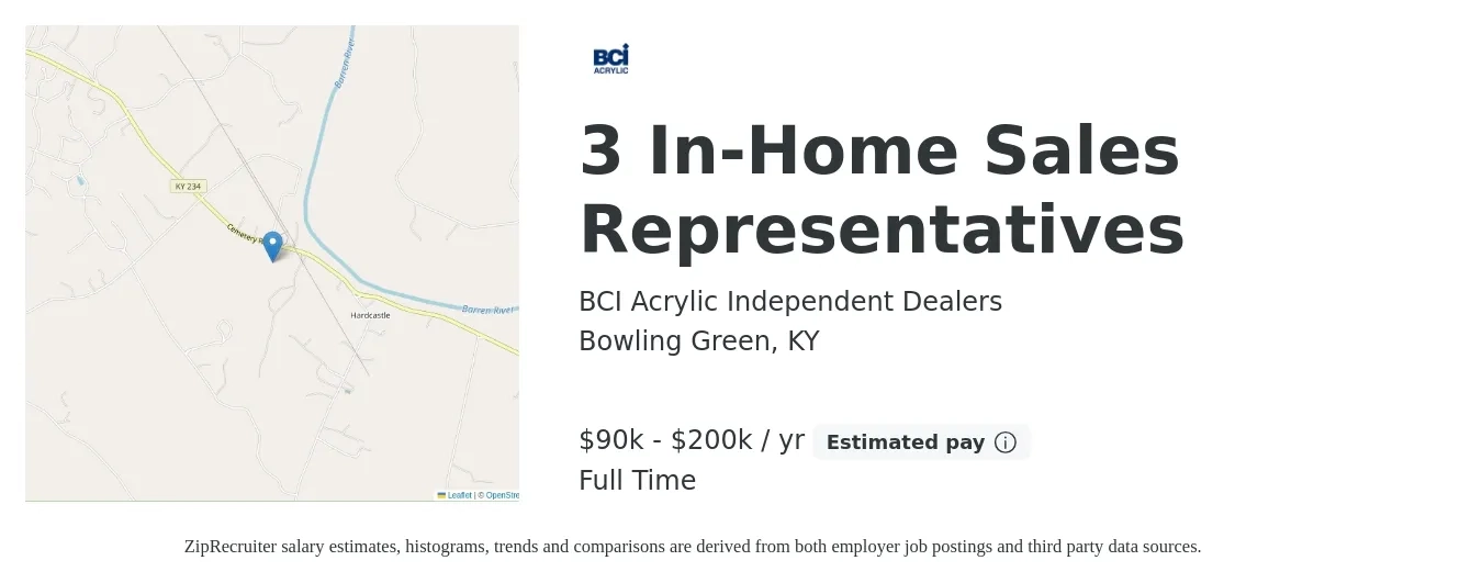 BCI Acrylic Independent Dealers job posting for a 3 In-Home Sales Representatives in Bowling Green, KY with a salary of $90,000 to $200,000 Yearly with a map of Bowling Green location.