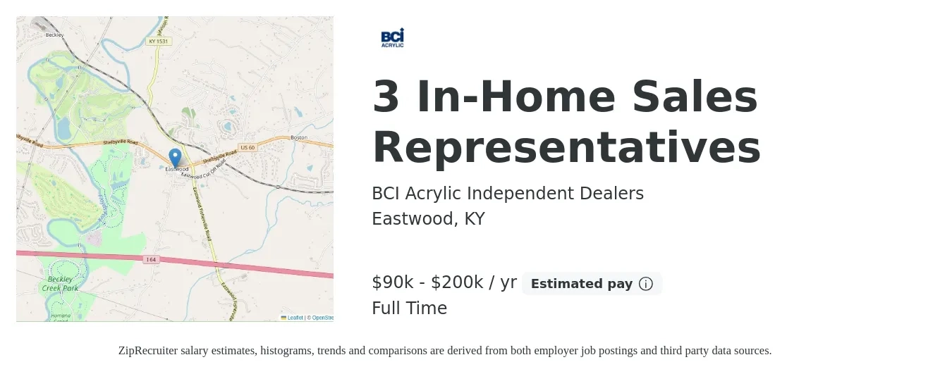 BCI Acrylic Independent Dealers job posting for a 3 In-Home Sales Representatives in Eastwood, KY with a salary of $90,000 to $200,000 Yearly with a map of Eastwood location.