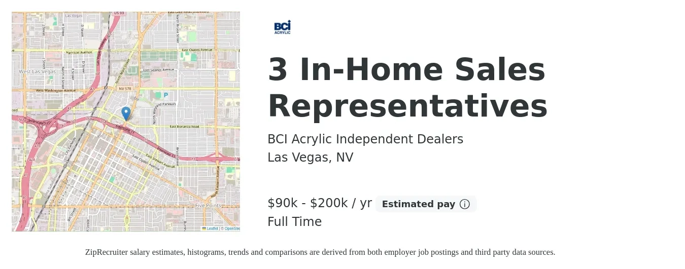 BCI Acrylic Independent Dealers job posting for a 3 In-Home Sales Representatives in Las Vegas, NV with a salary of $90,000 to $200,000 Yearly with a map of Las Vegas location.