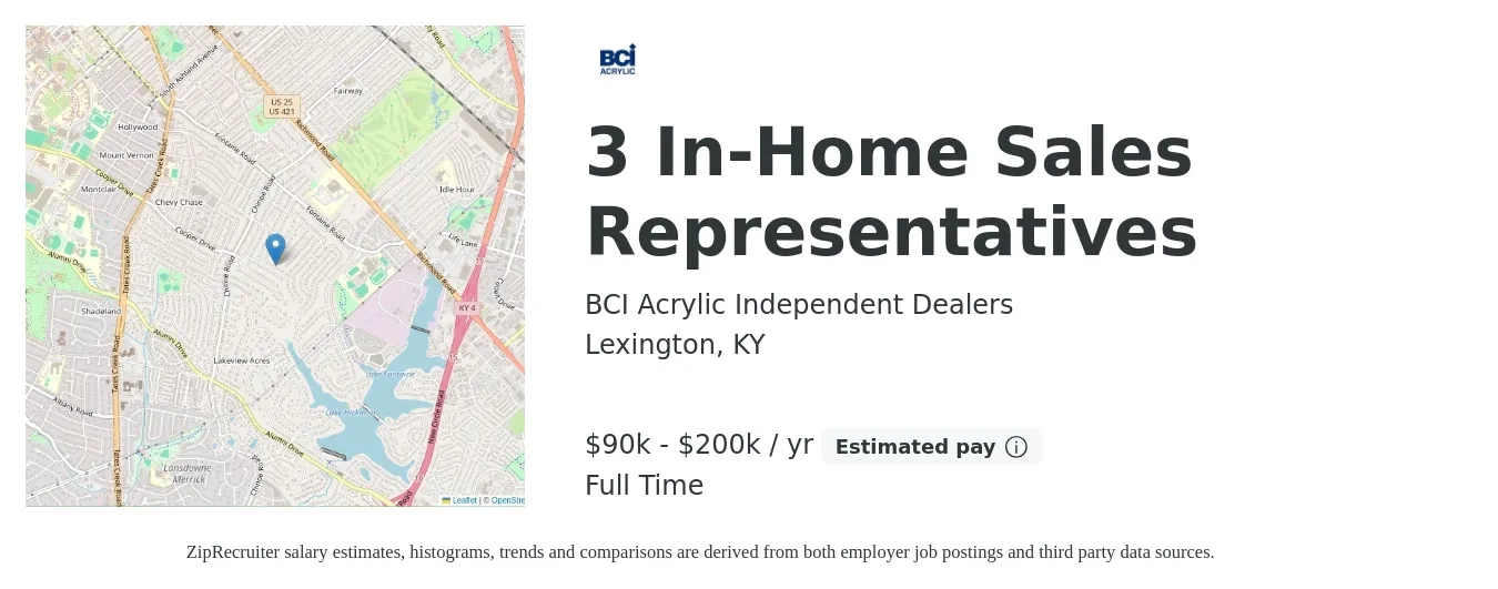 BCI Acrylic Independent Dealers job posting for a 3 In-Home Sales Representatives in Lexington, KY with a salary of $90,000 to $200,000 Yearly with a map of Lexington location.