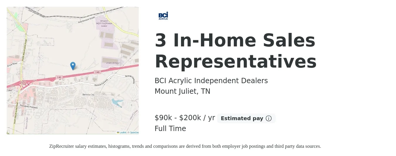 BCI Acrylic Independent Dealers job posting for a 3 In-Home Sales Representatives in Mount Juliet, TN with a salary of $90,000 to $200,000 Yearly with a map of Mount Juliet location.